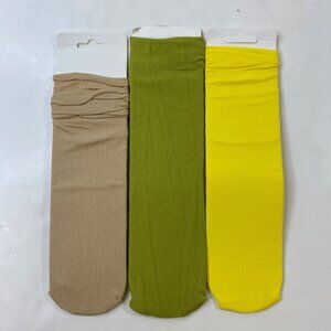 Womens Crew Socks Set 3 Ribbed Solid Brown Green Yellow